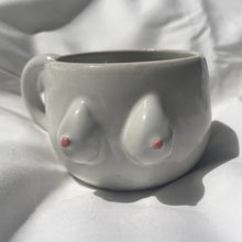 Load image into Gallery viewer, A white BoobyPot mug with pink nipples.
